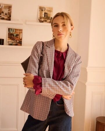 Blazer droit � carreaux bordeaux, noir et �cru