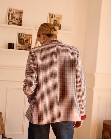 Blazer droit � carreaux bordeaux, noir et �cru