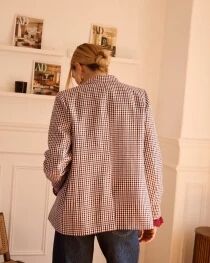 Blazer droit &agrave; carreaux bordeaux, noir et &eacute;cru