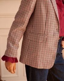 Blazer droit &agrave; carreaux bordeaux, noir et &eacute;cru
