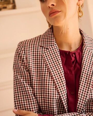 Blazer droit � carreaux bordeaux, noir et �cru