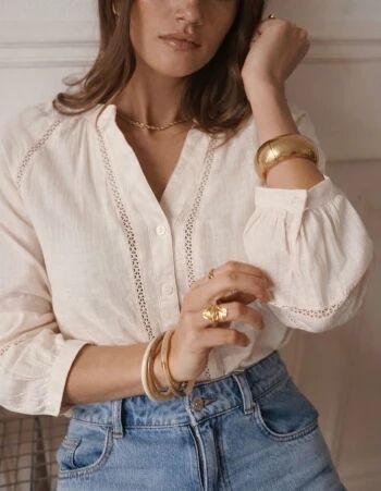 Blouse en coton � galons ajour�s Beige