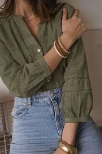 Blouse en coton &agrave; galons ajour&eacute;s Kaki