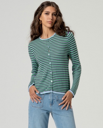 Cardigan cintr� col carr� ray� bleu clair