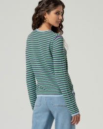 Cardigan cintr&eacute; col carr&eacute; ray&eacute; bleu clair