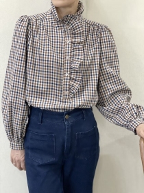 Chemisier col jabot, Vichy caf&eacute;