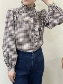 Chemisier col jabot, Vichy caf&eacute;