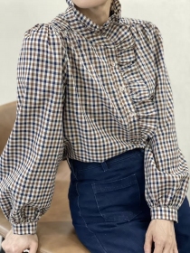 Chemisier col jabot, Vichy caf&eacute;