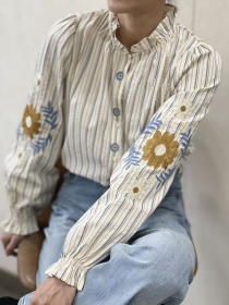 Chemisier col volant&eacute;, rayures bleu, fleurs brod&eacute;es