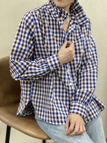 Chemisier col volant&eacute;, Vichy bleu/brun