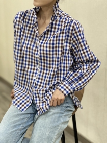 Chemisier col volant&eacute;, Vichy bleu/brun