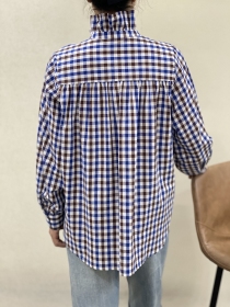 Chemisier col volant&eacute;, Vichy bleu/brun