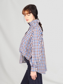 Chemisier col volant&eacute;, Vichy bleu/brun