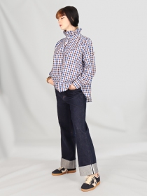 Chemisier col volant&eacute;, Vichy bleu/brun