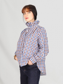 Chemisier col volant&eacute;, Vichy bleu/brun