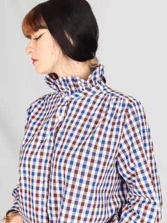 Chemisier col volant�, Vichy bleu/brun