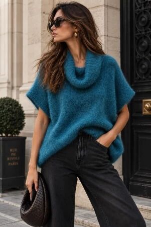 Poncho en alpaga sans manches bleu canard