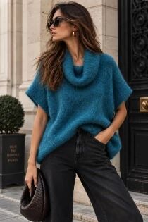 Poncho en alpaga sans manches bleu canard
