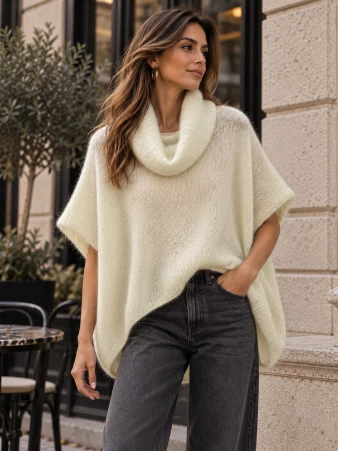 Poncho en alpaga sans manches Ecru