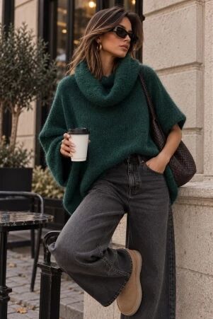 Poncho en alpaga sans manches Vert foret