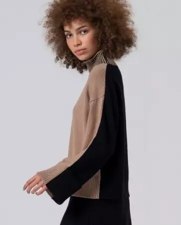 Pull col montant avec contrastes de couleur Beige