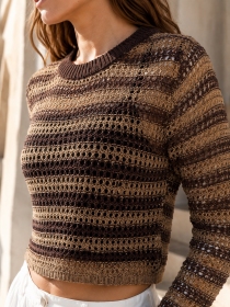 Pull court maille ajour&eacute;e brun beige