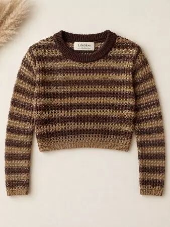 Pull court maille ajour�e brun beige
