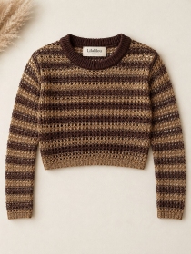 Pull court maille ajour&eacute;e brun beige