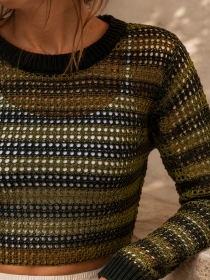 Pull court maille ajour&eacute;e vert anis