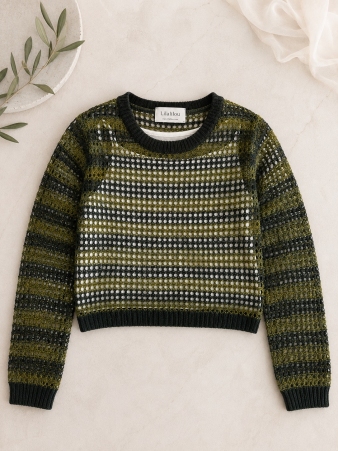 Pull court maille ajour�e vert anis