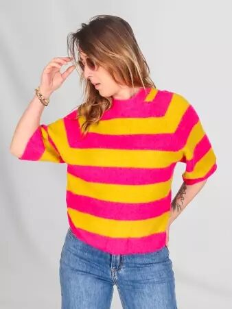 Pull rayures fuschia/olive manches courtes raglantes