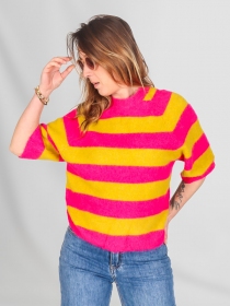 Pull rayures fuschia/olive manches courtes raglantes