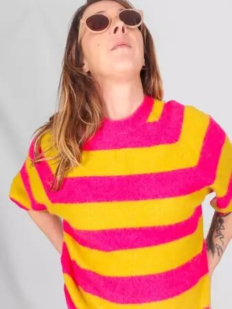 Pull rayures fuschia/olive manches courtes raglantes
