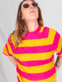 Pull rayures fuschia/olive manches courtes raglantes