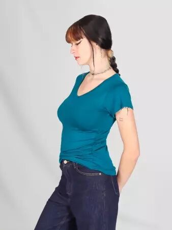 T-shirt basic col V Bleu petrol