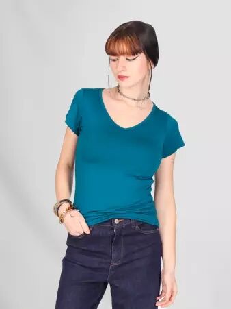 T-shirt basic col V Bleu petrol