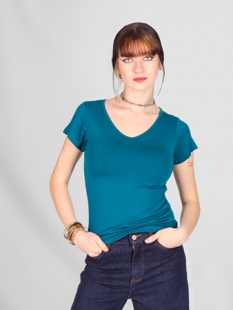 T-shirt basic col V Bleu petrol