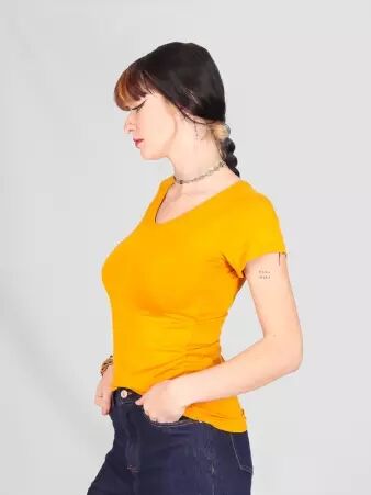 T-shirt basic col V Moutarde