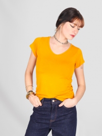 T-shirt basic col V Moutarde