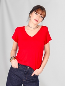 T-shirt basic col V Rouge carmin