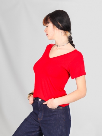 T-shirt basic col V Rouge carmin